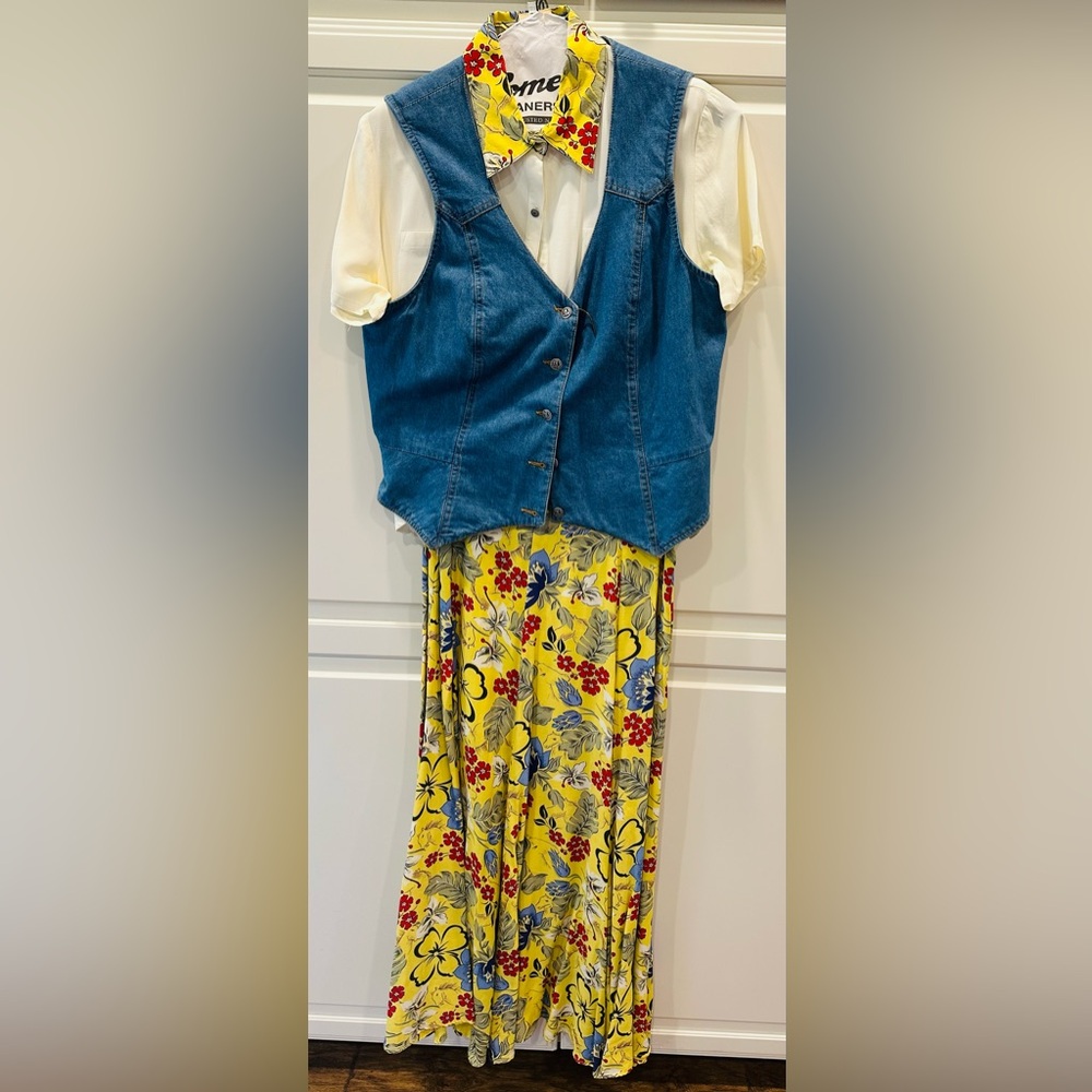 Denim Vest, Floral Skirt & Matching Collared Blouse Set of 3 by Desert West XL